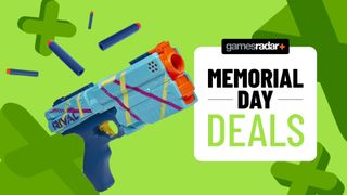 green background with memorial day badge on it, a nerf blaster and nerf darts