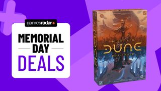 Purple background with dune war for arrakis on it, and a memorial day deals badge